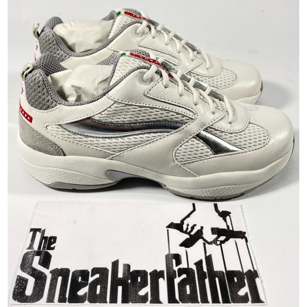 Prada White Silver Low-Top Sneakers